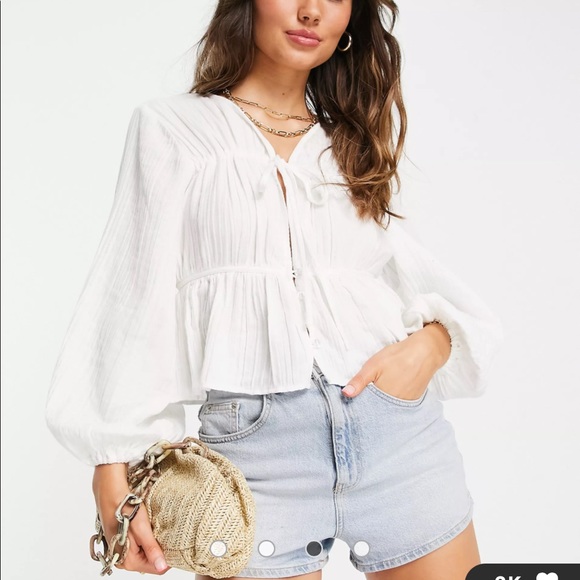 ASOS DESIGN natural crinkle long sleeve blouse with tie front - Picture 3 of 7